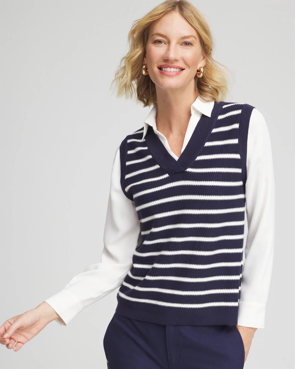トップス OVY Cotton Wool V-neck Knit Vest charcoa Striped V-Neck 2 in 1 Sweater Vest | Chico's
